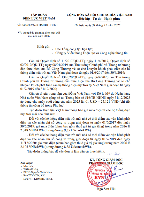 EVN CÔNG BỐ GIÁ MUA ĐIỆN MẶT TRỜI MÁI NHÀ NĂM 2O26