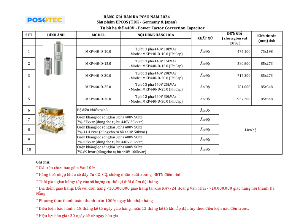 bảng giá tụ bù hạ thế Epcos