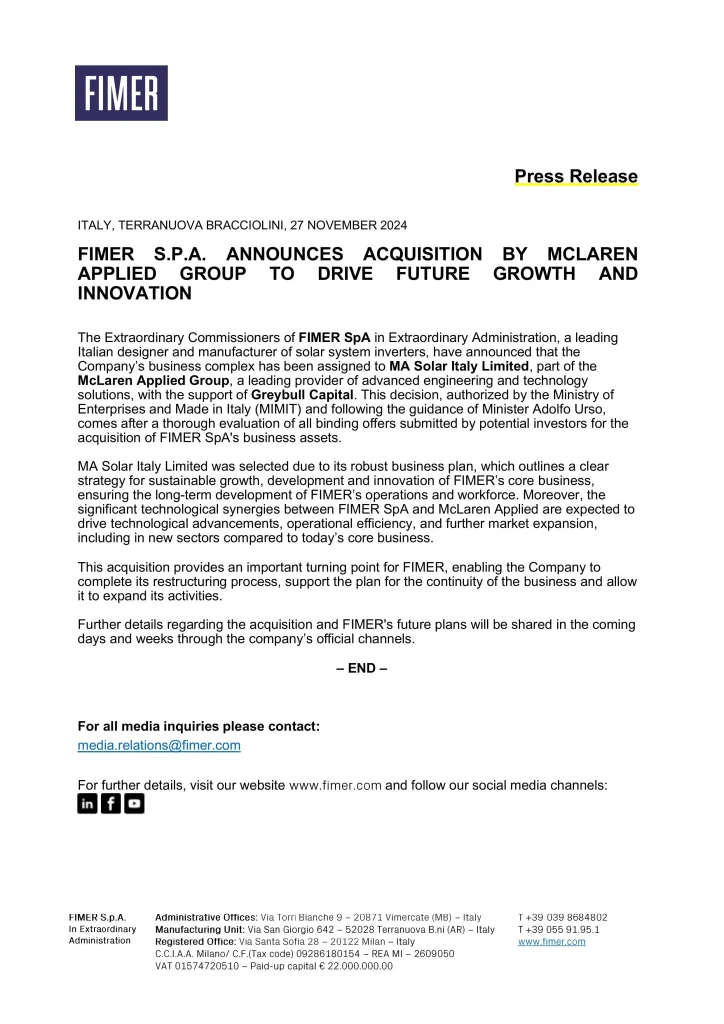 Hợp tác công nghệ giữa FIMER SpA và McLaren Applied